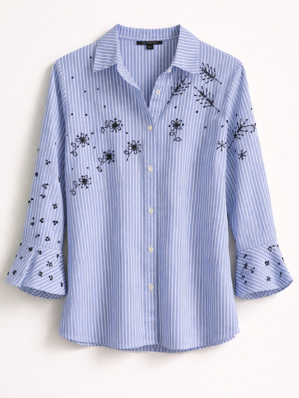 Insight Beaded Floral Blue Striped Button-Down, S, Eclectic, Preppy, Coquette